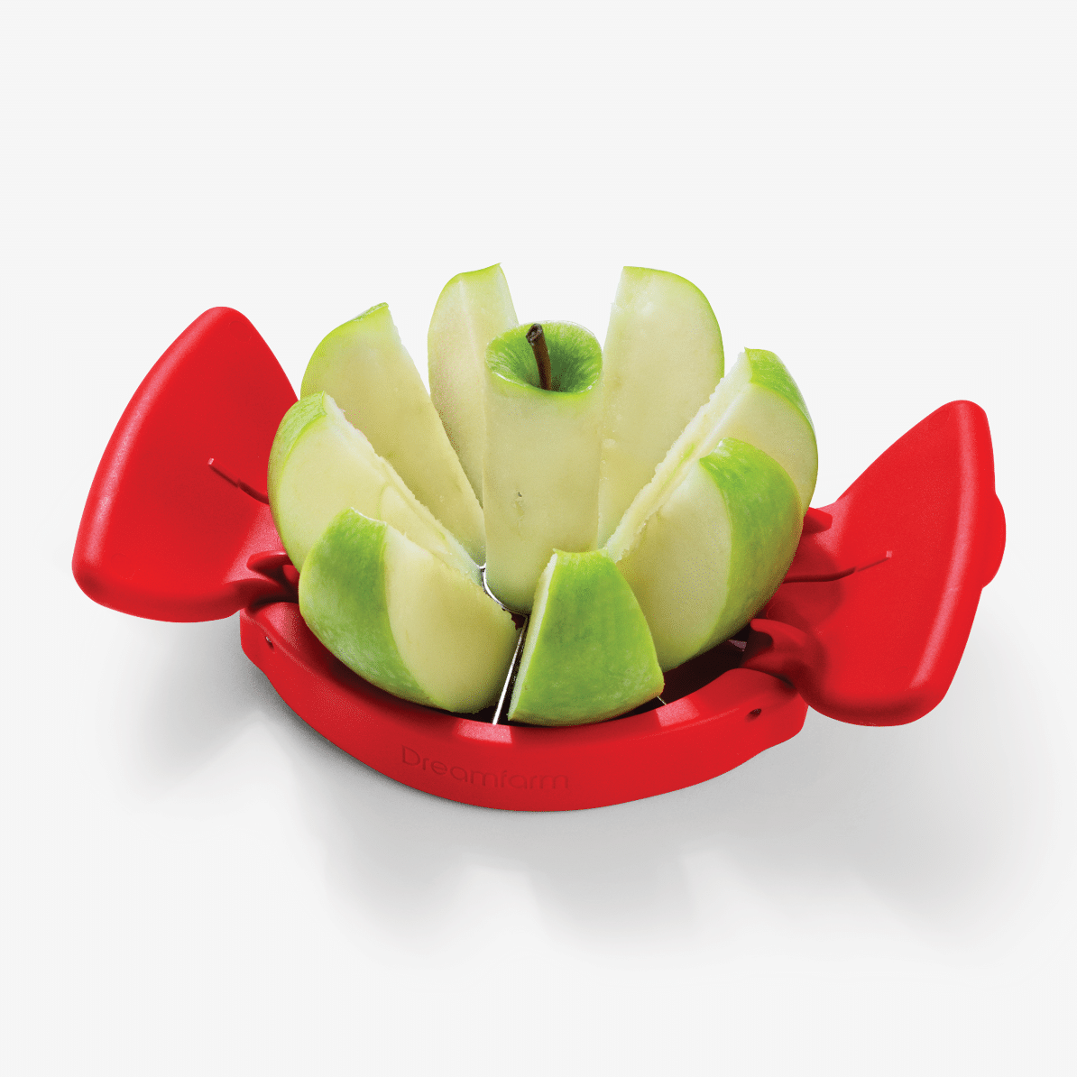 Flapple – the ultra-sharp apple slicer and corer that folds flat for easy storage. Its raised handles fold down for a compact, space-saving solution. The auto-aligning base allows for complete cuts without a cutting board, and when folded, the handles lock together to cover the blades for safe storage. With a wide diameter cutter, Flapple divides apples of all sizes into 8 equal pieces while efficiently removing the core.