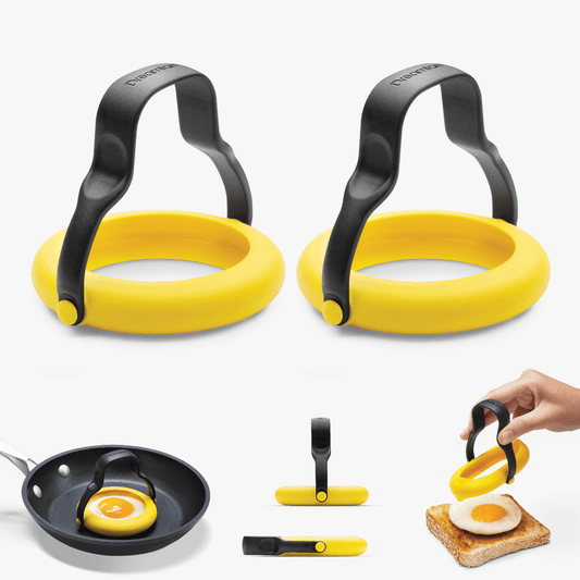 Easily flip, lift, and serve perfect eggs with Flegg! This set of 2 no-leak egg rings features a unique C-channel design that seals in the egg's weight for mess-free cooking. The 360° rotating handle allows for easy flipping and storage, while the heat-resistant handle keeps things safe and cool. Say goodbye to messy breakfasts with Flegg!
