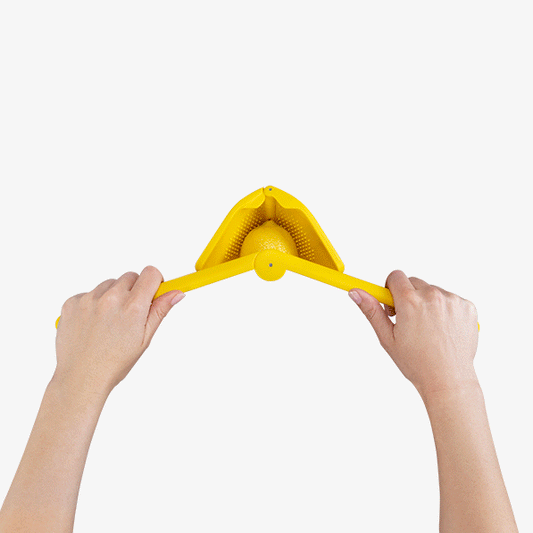 Fluicer is an easy squeeze citrus juicer that folds completely flat for space-saving storage. Two-handed sideways pivot operation provides increased leverage using the larger muscle groups of your arms instead of hands, requiring less effort than a traditional press.