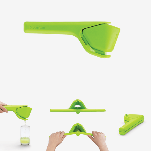 Fluicer in green is the ultimate citrus juicer that folds and stores easily. Its hinged design reduces effort and includes a pip catcher for precise juice flow. Smallest Fluicer in the family made for limes.