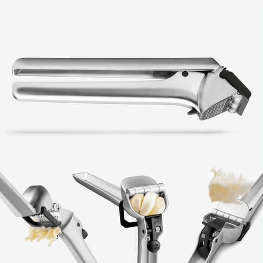 Meet the Garject heavy-duty garlic press! Pop in your UNPEELED garlic cloves, press, the Garject will scrape the pressed garlic right into dish, and then ejects the rest! No more smelly garlic hands. No more garlic peeling. No more trying to scrape the peel out with your fingers.