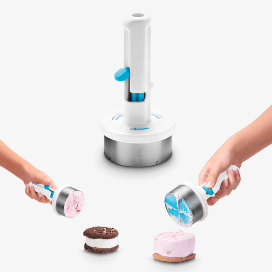 Icepo is the ice cream scoop that serves a perfect ½ cup portion and creates instant ice cream sandwiches. Icepo’s simple design sits comfortably in one hand and is easy to use. Just push Icepo into your ice cream, twist to cut your portion using Icepo’s stainless steel cutter and high-tensile wires, and eject onto your cookie for a no-prep treat.