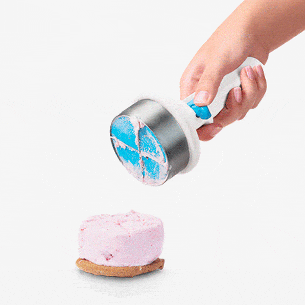 Icepo is the ice cream scoop that serves a perfect ½ cup portion and creates instant ice cream sandwiches. Icepo’s simple design sits comfortably in one hand and is easy to use. Just push Icepo into your ice cream, twist to cut your portion using Icepo’s stainless steel cutter and high-tensile wires, and eject onto your cookie for a no-prep treat.