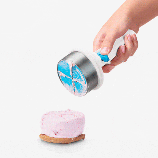 Icepo is the ice cream scoop that serves a perfect ½ cup portion and creates instant ice cream sandwiches. Icepo’s simple design sits comfortably in one hand and is easy to use. Just push Icepo into your ice cream, twist to cut your portion using Icepo’s stainless steel cutter and high-tensile wires, and eject onto your cookie for a no-prep treat.