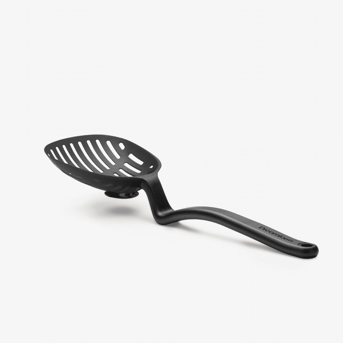 The Lestrain is a large nylon scoop strainer.  Heat resistant and dishwasher safe. The large head sits up off the counter due to a bend in the sturdy handle and there's a nifty catcher underneath the slots to catch any leftover drips!