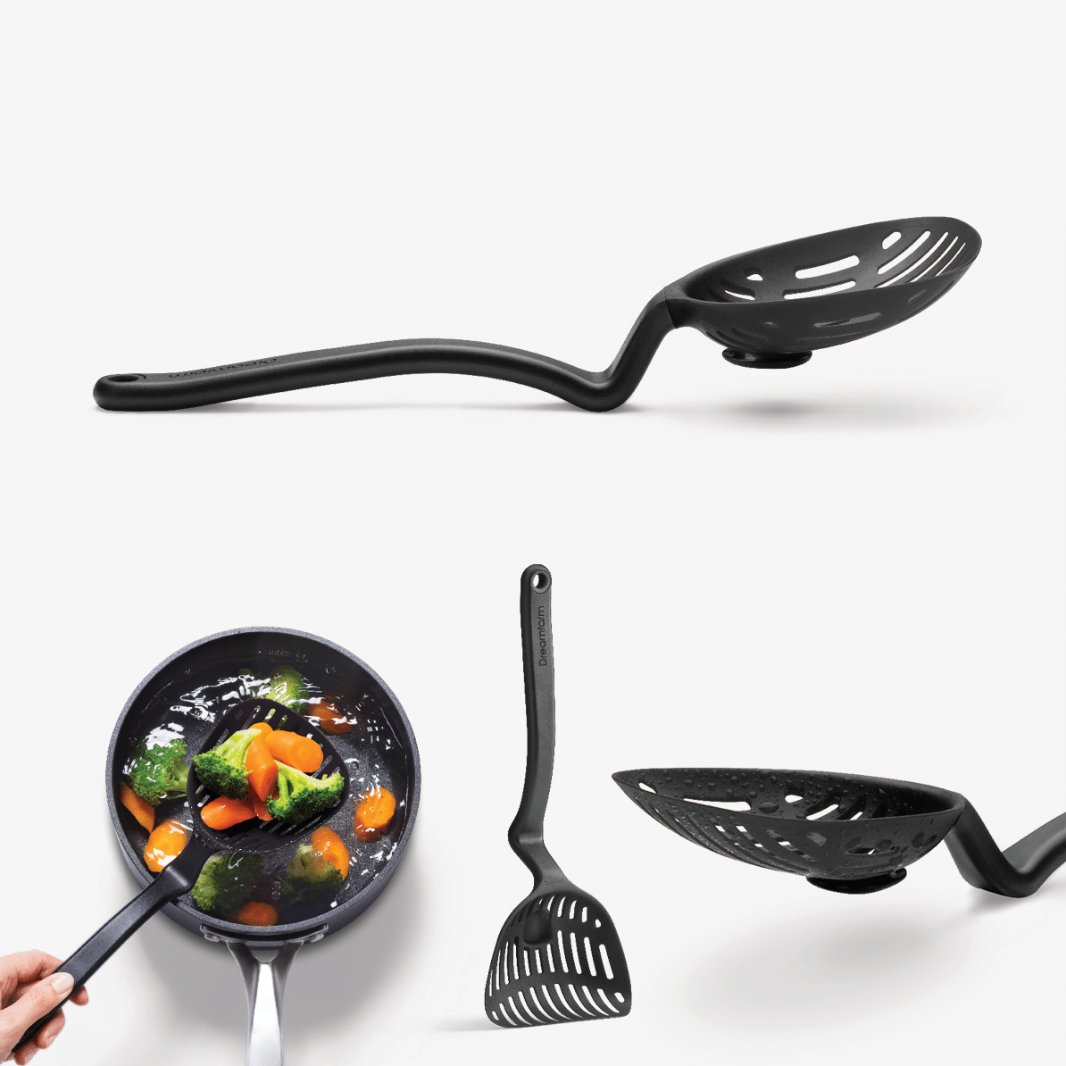 The Lestrain is a large nylon scoop strainer.  Heat resistant and dishwasher safe. The large head sits up off the counter due to a bend in the sturdy handle and there's a nifty catcher underneath the slots to catch any leftover drips!