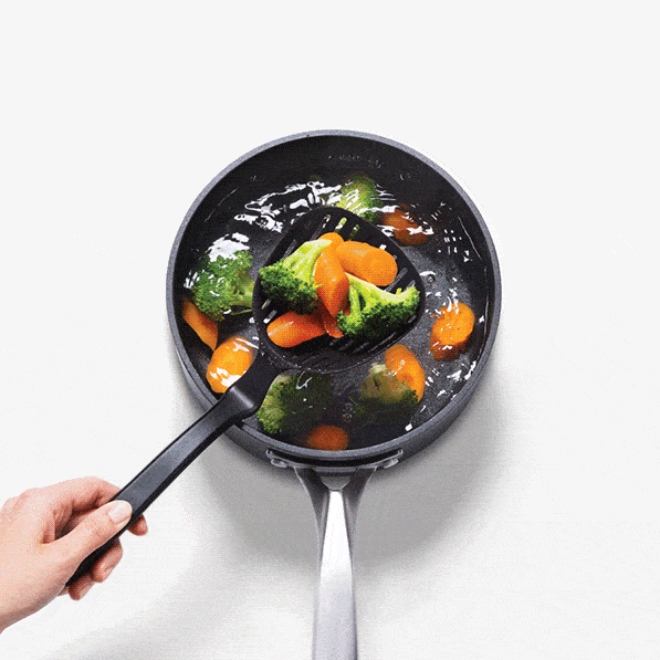 The Lestrain is a large nylon scoop strainer.  Heat resistant and dishwasher safe. The large head sits up off the counter due to a bend in the sturdy handle and there's a nifty catcher underneath the slots to catch any leftover drips!