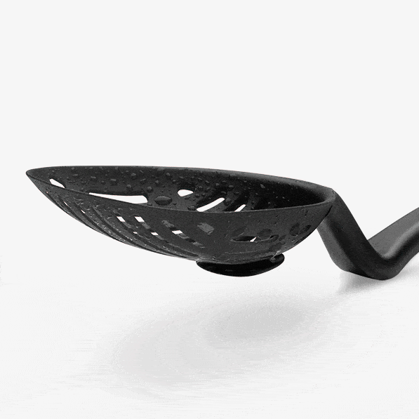 The Lestrain is a large nylon scoop strainer.  Heat resistant and dishwasher safe. The large head sits up off the counter due to a bend in the sturdy handle and there's a nifty catcher underneath the slots to catch any leftover drips!