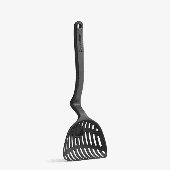 The Lestrain is a large nylon scoop strainer.  Heat resistant and dishwasher safe. The large head sits up off the counter due to a bend in the sturdy handle and there's a nifty catcher underneath the slots to catch any leftover drips!