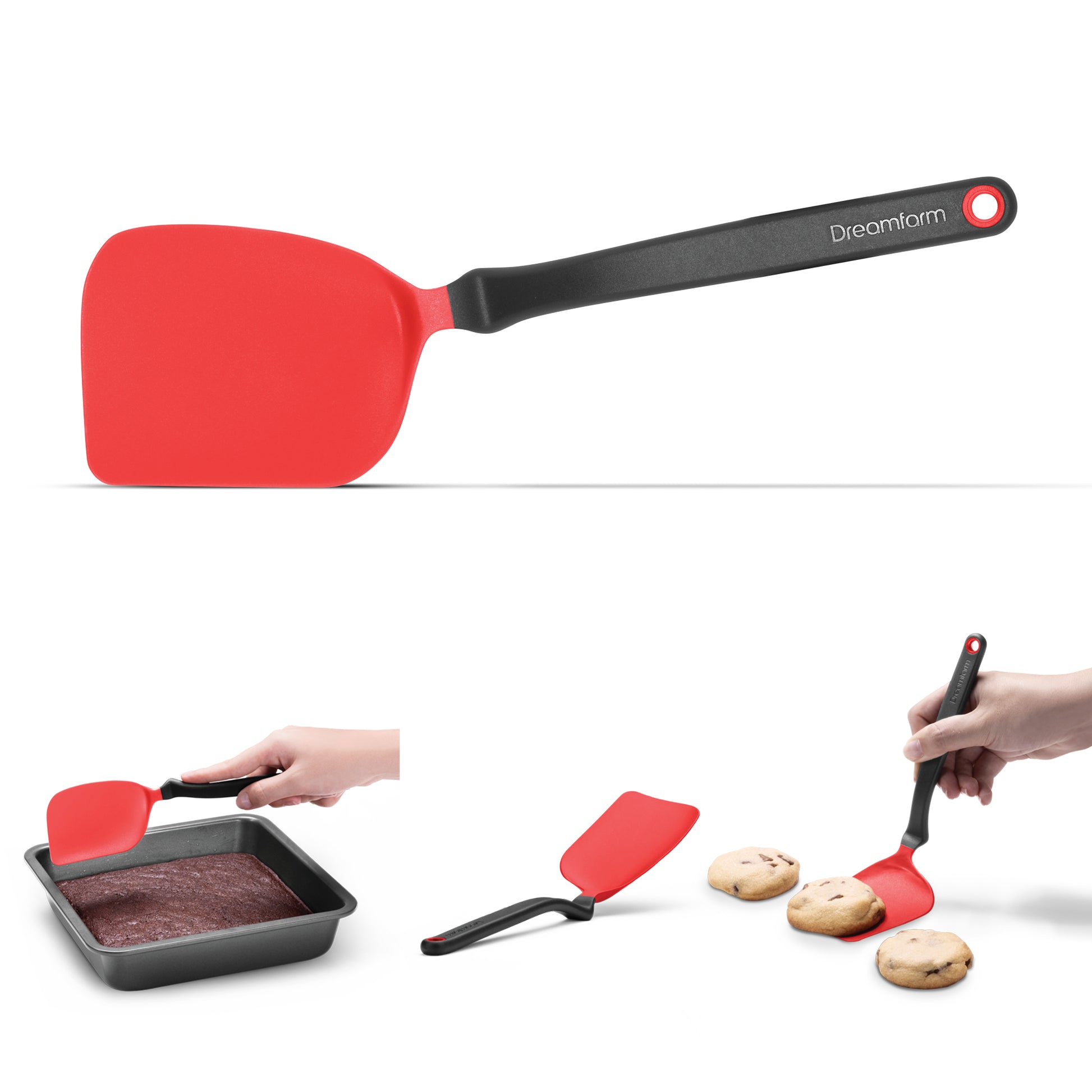 The Chopula's small, but just as mighty, sibling! The Mini Chopula's small, flexible head easily slides under food for a clean lift, making it perfect for cookies, eggs, and brownies. The angled handle and multi-curved head reach every corner of any pan or tray, while keeping your hand away from food and heat. 