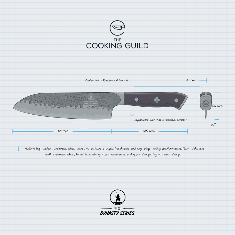The Dynasty Santoku is a versatile powerhouse you’ll quickly learn to rely on. As the Japanese counterpart to a chef’s knife, the Santoku blade is slightly smaller and lighter, providing precise, controlled cuts.