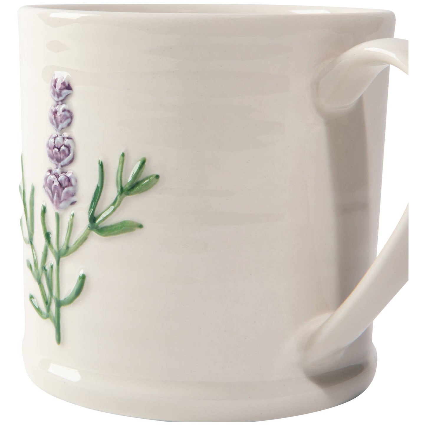 White mug with lavender and rosemary design on a white background