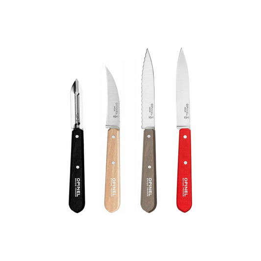 Includes - paring knife, vegetable knife, serrated paring knife, and stationary peeler. Material - Stainless Steel, Wood