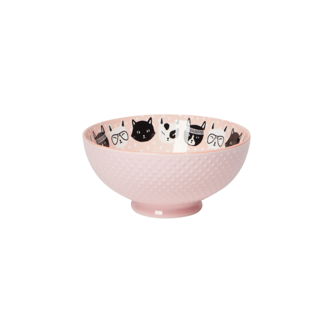Brimming with charm, the 30 oz Pink Feline Fine Bowl adds a playful touch of pattern and color to your table. Featuring a delightful mix of confident kitties, each dressed in their own unique style—whether sporting stripes, a spotted sweater, or even tiny boots—this bowl is a must-have for any cat lover.