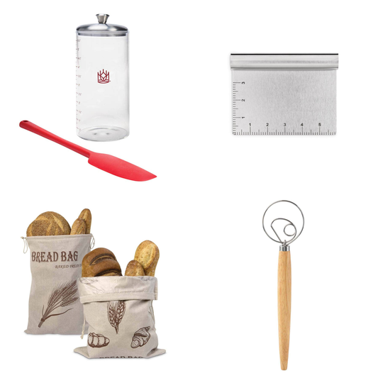 Collection of kitchen items including a salt shaker, spatula, ruler, bread bag, and dough scraper on a white background.
