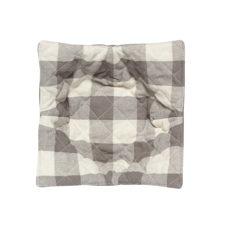 A gray plaid print bowl cozy made of cotton, displayed empty.