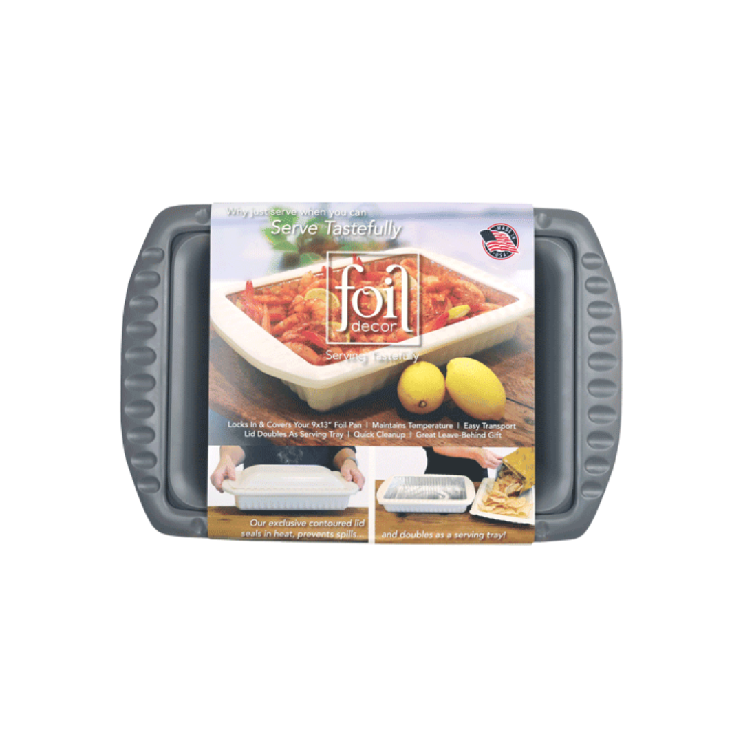Foil Decor has three plastic components that work as a system to hold a 9x13 foil pan.