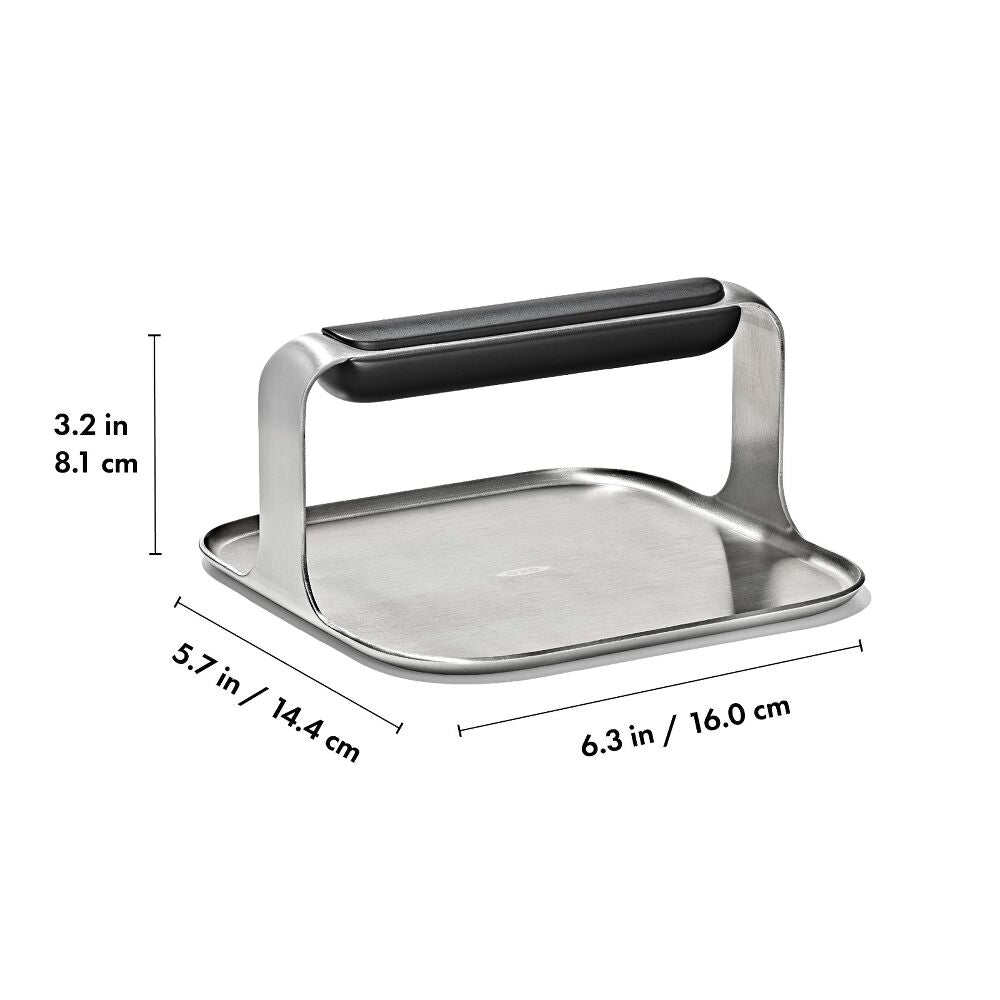 Stainless Steel grill press with measurements displayed.