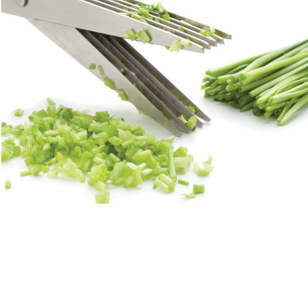 Cut through herbs with ease using Cutlery-Pro's Herb Scissors! 5 stainless steel blades on each side and comfortable handles make them strong, durable, and rust-resistant. Say goodbye to tedious herb prep and hello to fresh flavors in seconds. Perfect for salads, garnishes, and more. Hand wash after use for effortless clean up.