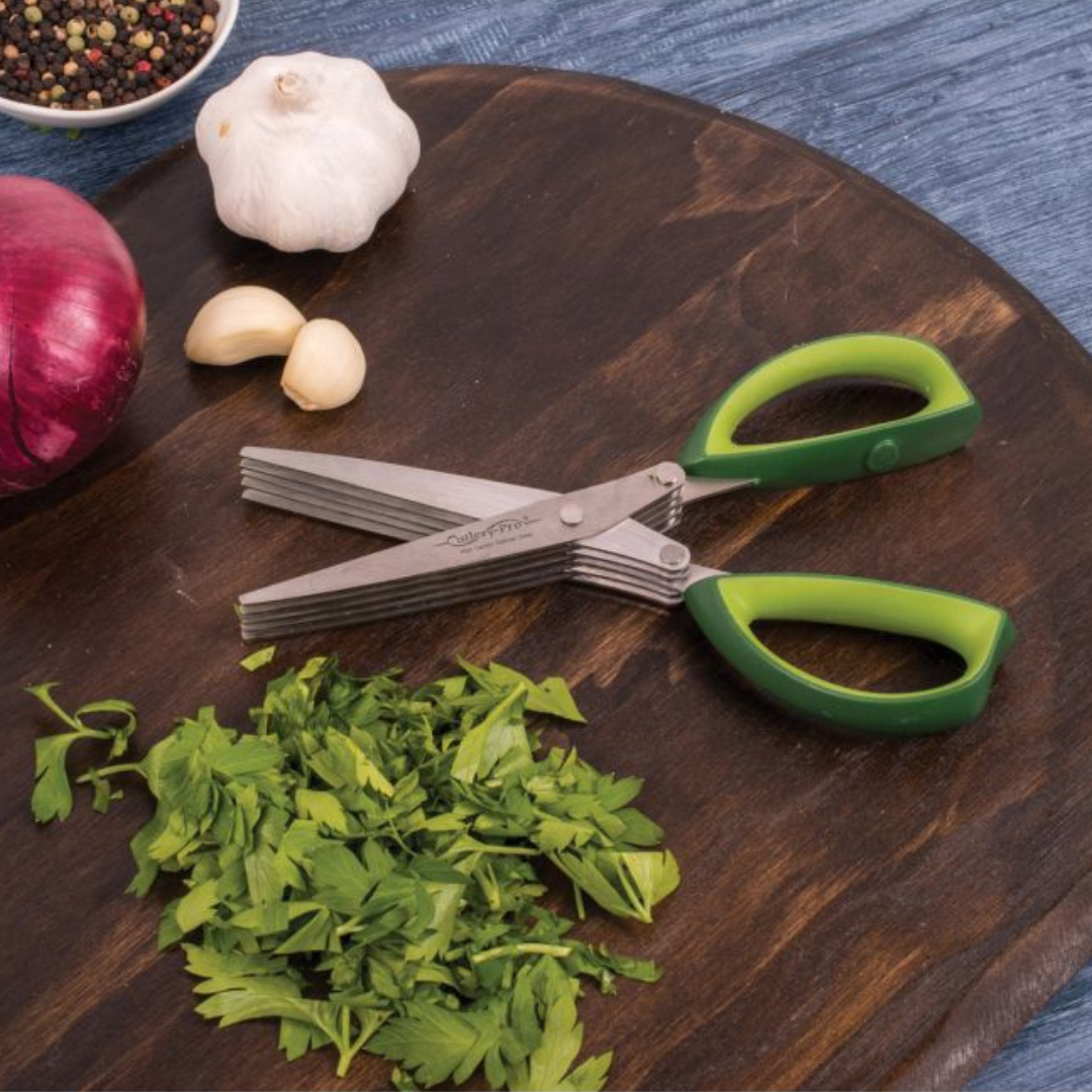 Cut through herbs with ease using Cutlery-Pro's Herb Scissors! 5 stainless steel blades on each side and comfortable handles make them strong, durable, and rust-resistant. Say goodbye to tedious herb prep and hello to fresh flavors in seconds. Perfect for salads, garnishes, and more. Hand wash after use for effortless clean up.