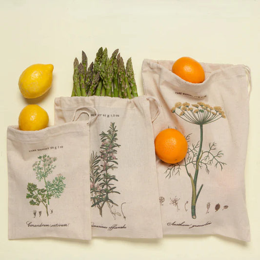 3-Piece Garden Herbs Produce Bags from Now Designs by Danica! These charming, washable bags feature beautiful illustrations of dill, rosemary, and coriander, complete with their fancy Latin names, bringing a touch of rustic charm to your shopping routine.