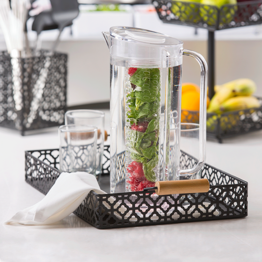 pitcher features a built-in infuser that effortlessly transforms ordinary water into a delightful, flavorful drink by adding fruits, herbs, or teas.