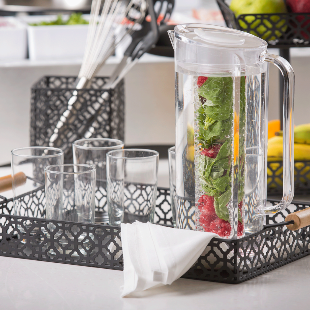 pitcher features a built-in infuser that effortlessly transforms ordinary water into a delightful, flavorful drink by adding fruits, herbs, or teas.