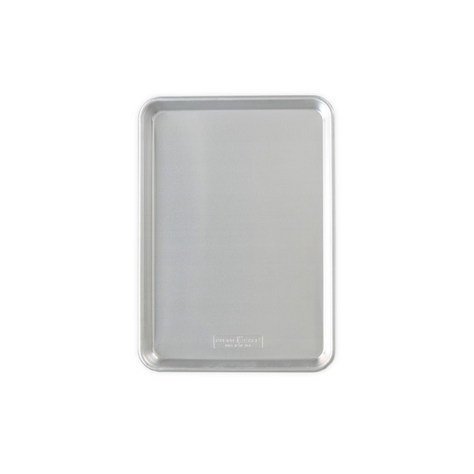 Silver baking tray on a white background