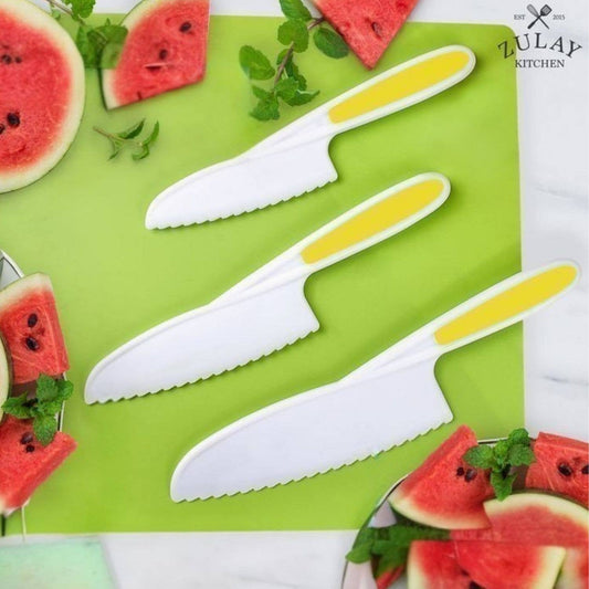 Get little chefs excited about cooking with the Zulay Safety Knife Set for Kids in bright yellow! Designed for real kitchen adventures with safety in mind, this 3-piece set features small, medium, and large knives with blunt tips and serrated edges—perfect for building confidence while keeping fingers safe.