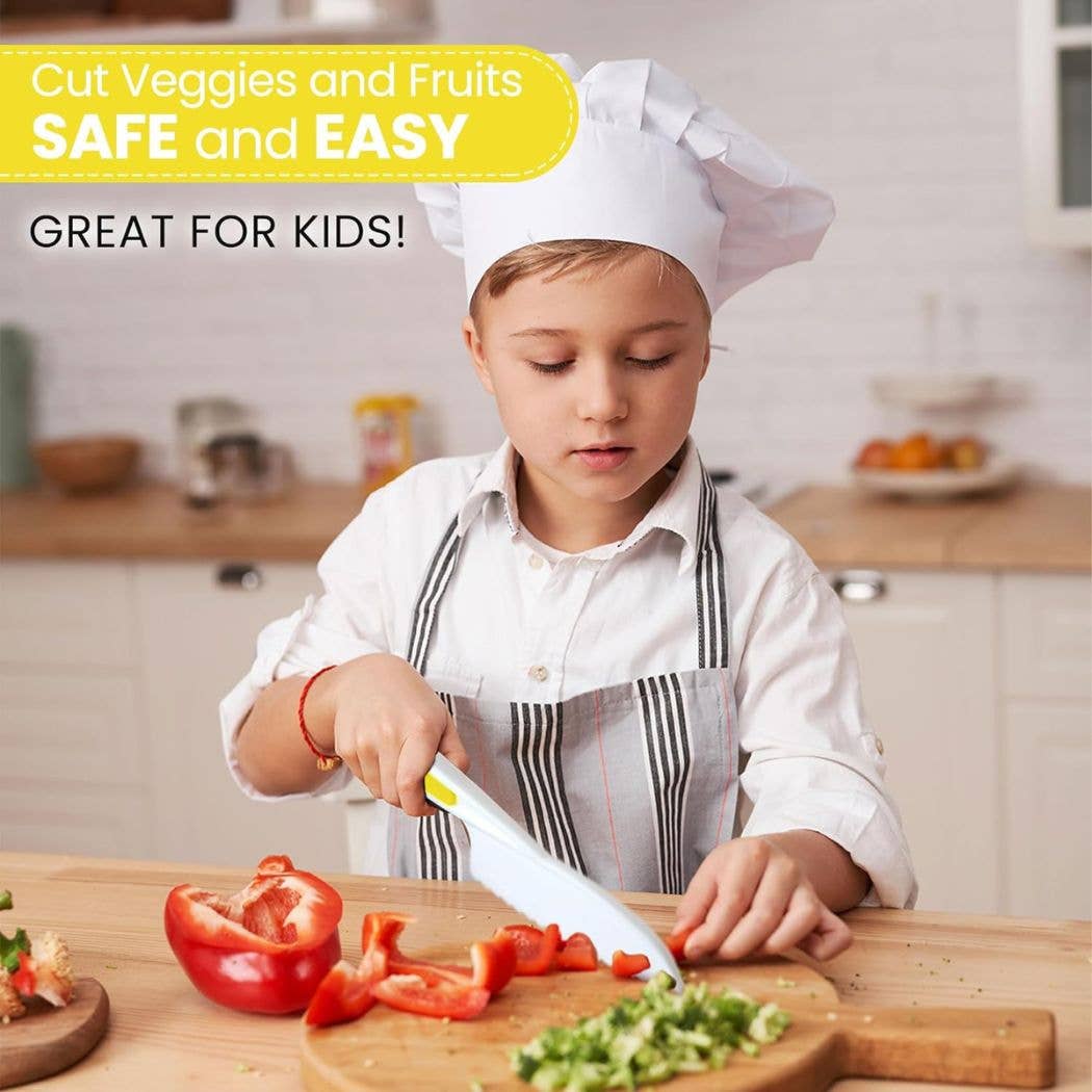 Get little chefs excited about cooking with the Zulay Safety Knife Set for Kids in bright yellow! Designed for real kitchen adventures with safety in mind, this 3-piece set features small, medium, and large knives with blunt tips and serrated edges—perfect for building confidence while keeping fingers safe.