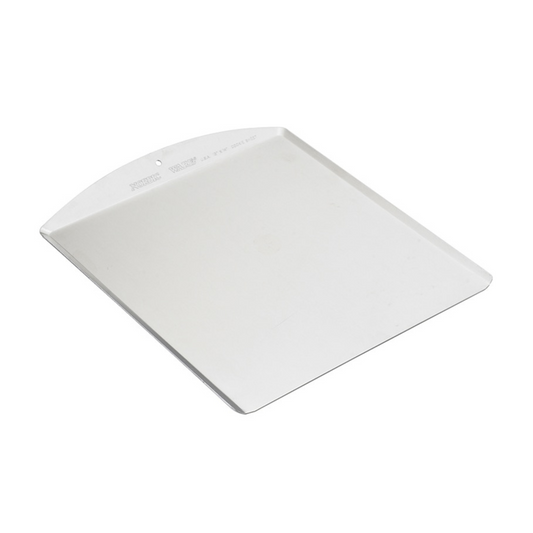 Natural aluminum is the choice by professionals, and for good reason. This 14-inch by 13-inch pan turns out perfectly browned baked goods every single time. Three raised edges makes the pan easy to grasp; baked goods slide right off the smooth fourth edge. This cookie sheet won't warp or rust, so you'll enjoy it for years to come.