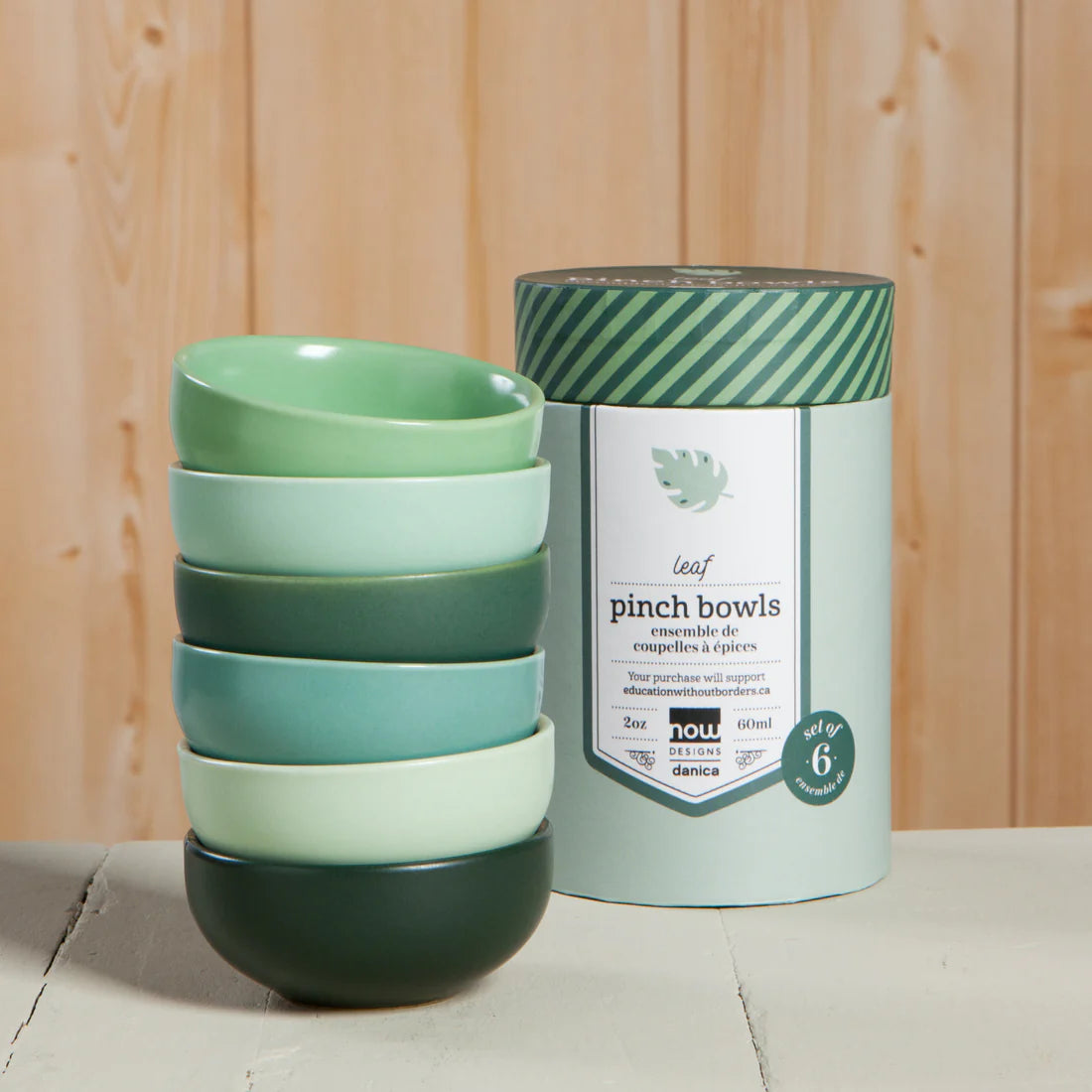 Set of six Now Design by Danica pinch bowls in the color Leaf. Six different ombre green leaf colors, dishwasher and microwave-safe, these pinch bowls are a super handy helper in the kitchen!