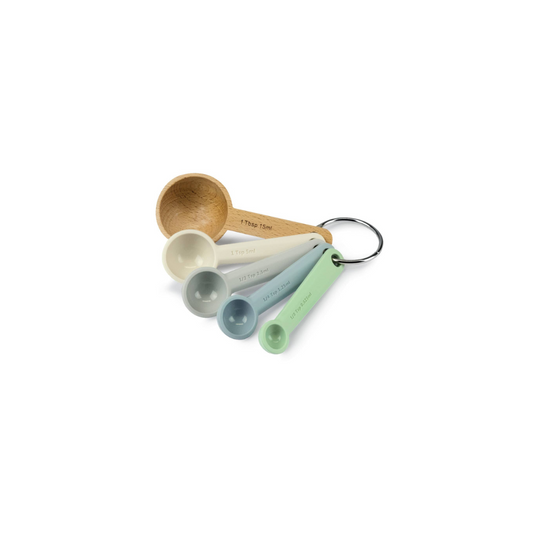 The Coastal Measuring Spoons set combines contemporary silicone hues with classic beech wood for a stylish and functional kitchen essential. This set of five nesting spoons (1/8 tsp, ¼ tsp, ½ tsp, 1 tsp, and 1 tbsp) features both imperial and metric measurements, ensuring accuracy for all your cooking and baking needs.