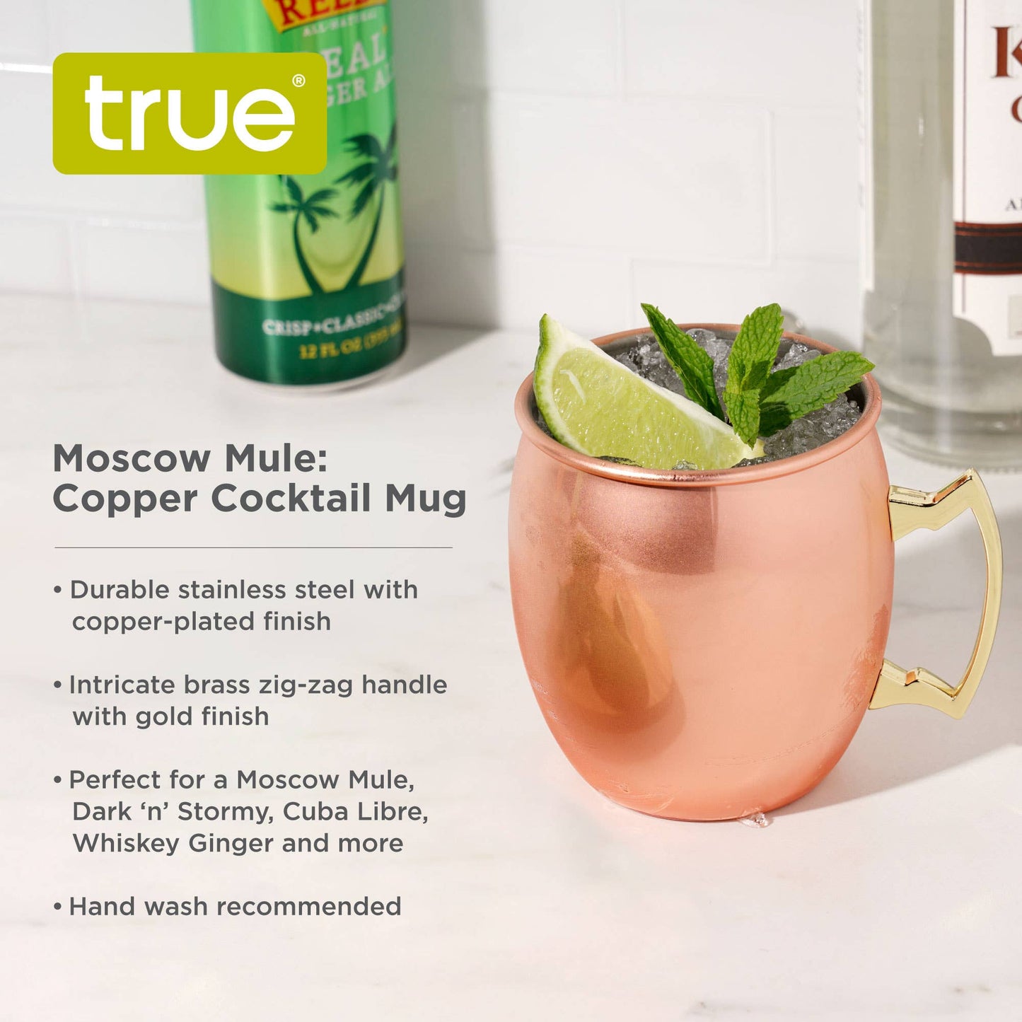 Featuring a durable stainless steel interior and a polished copper finish, these mugs offer a vintage-inspired aesthetic with an intricate brass zig-zag handle. Perfect for adding a touch of classic charm to any bar cart.