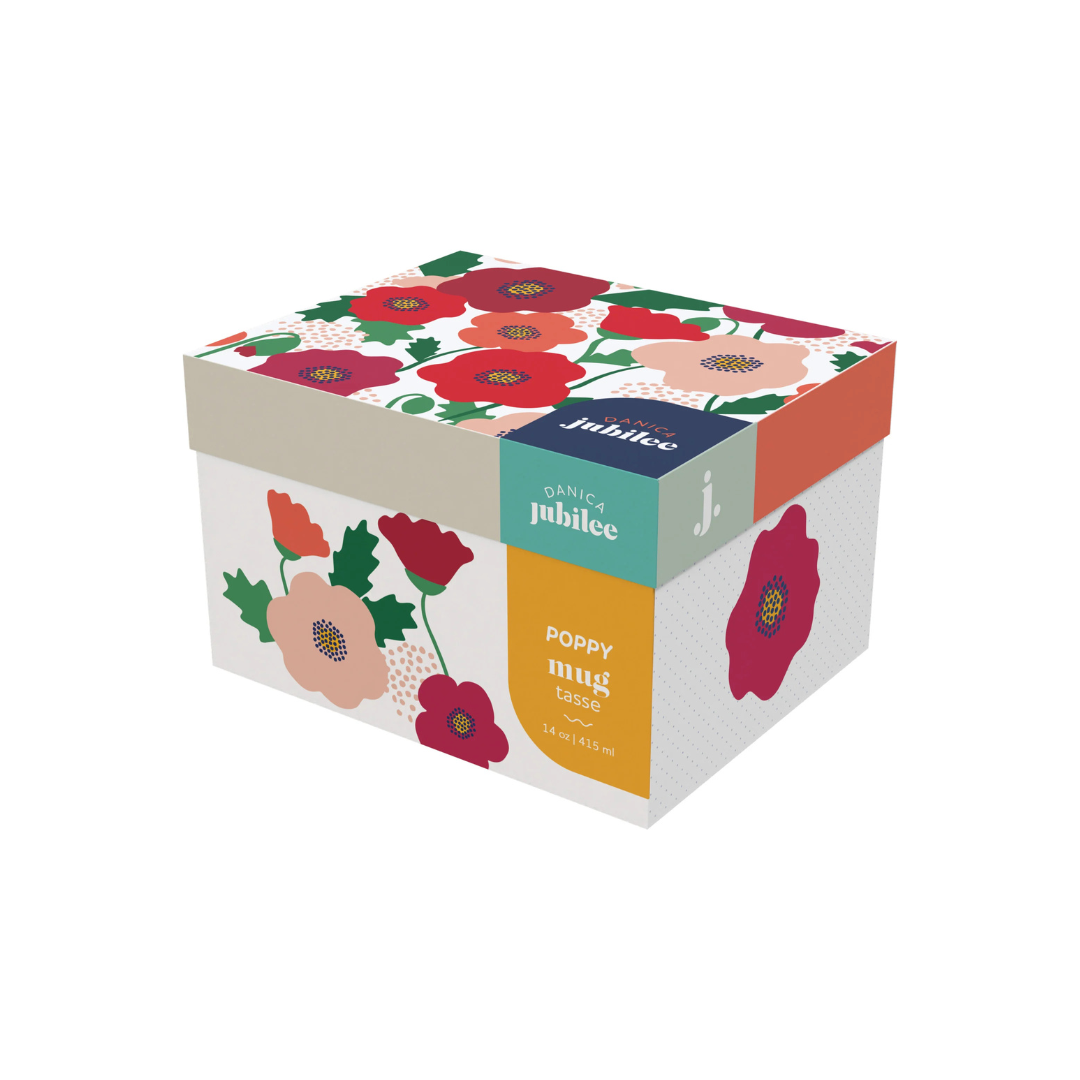 Flush with vibrant reds, petal pinks, and cool blue and green, this Poppy mug in a box is an invitation to pause and appreciate the bold beauty of the Poppy. This sweet-as-can-be mug comes packaged in a giftable box that can be used to store trinkets and treasures after use. Perfect for teachers' gifts and birthdays this delightful design, from the Poppy Collection, makes it easy to merchandise.