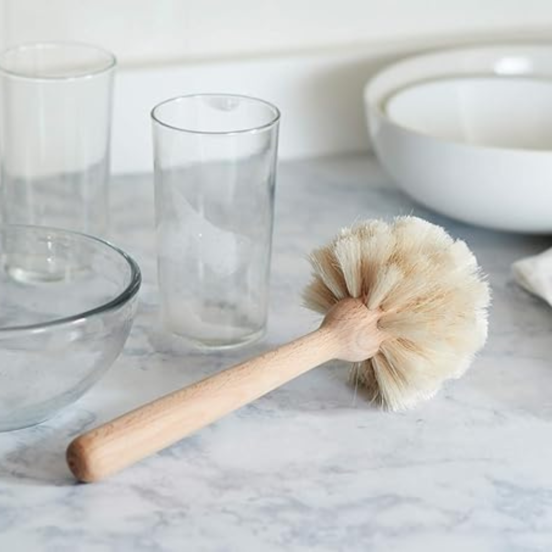 100% Natural Horsehair Fiber Dish Brush with Untreated Beechwood Handle gentle enough for delicate stemware. Brush measures 9" long. Clean bristles with lukewarm water, towel blot to remove excess moisture and air dry with bristles facing down to prevent damage to wood.