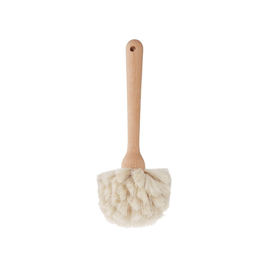 100% Natural Horsehair Fiber Dish Brush with Untreated Beechwood Handle gentle enough for delicate stemware. Brush measures 9" long. Clean bristles with lukewarm water, towel blot to remove excess moisture and air dry with bristles facing down to prevent damage to wood.