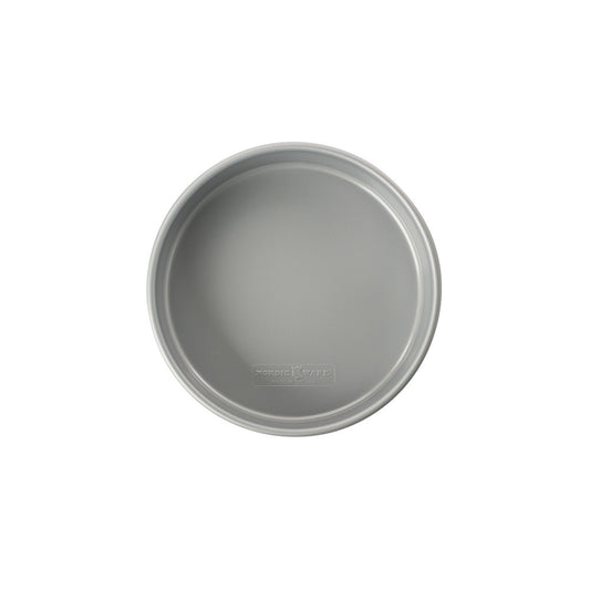 Gray round cake pan on a white background