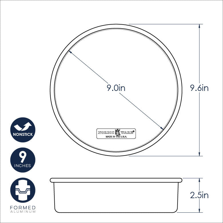 Measurement chart for a 9-inch baking pan with dimensions and features.