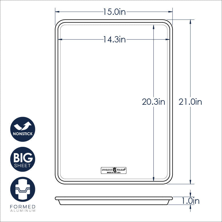 Measurement chart of a baking sheet with dimensions and features indicated.