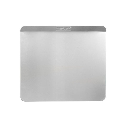 Rectangular metal tray with a gray rim on a white background