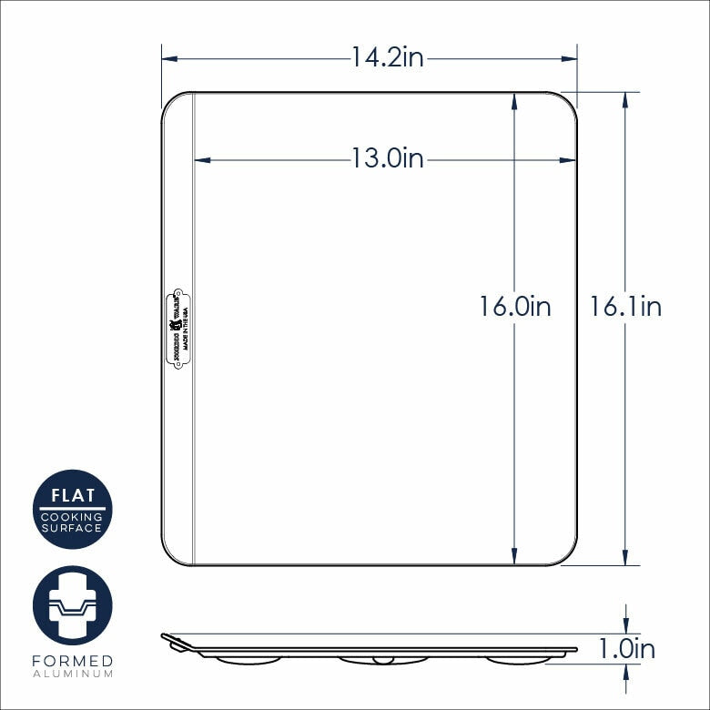Technical drawing of a rectangular pan with dimensions labeled