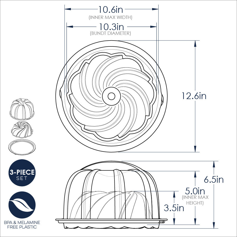 Technical drawing of a 3-piece set with dimensions labeled