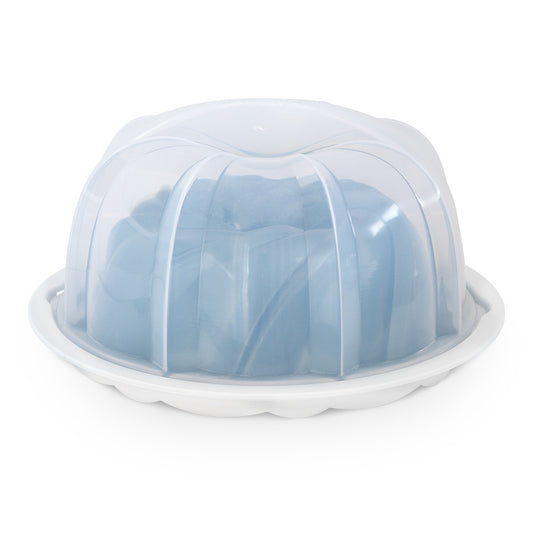 Bundt mold with a clear lid on a white background