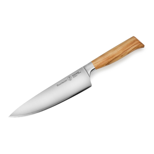 The Messermeister Oliva Elite Stealth Chef’s Knife is the workhorse of all the knives. You will gravitate towards it when executing 90% of your culinary tasks. It has a highly figured Italian olive wood handle attached to a hand forged Stealth blade and is about 25% thinner and 10% lighter than our traditional chef’s knife.