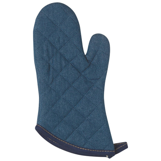 Blue oven mitt with quilted pattern on a white background