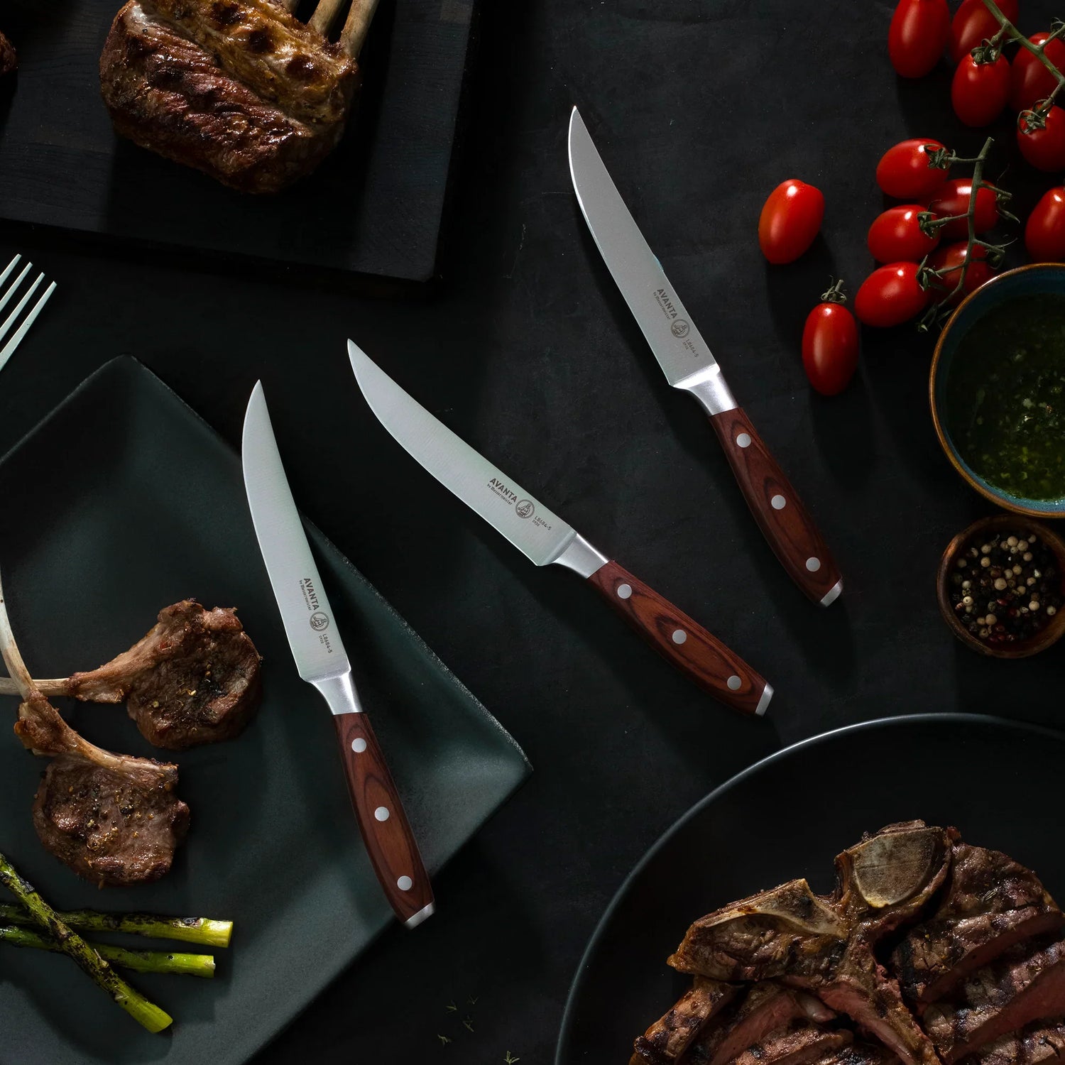 The Avanta 4 Piece Pakkawood Fine Edge Stainless Steak Knives are crafted from X50 German steel for knives that are sharp, rust resistant, and easy to maintain. Solid bolsters and full tang construction give the knives great balance and heft. The 5” blades have fine cutting edges with curved tips to easily slice through steak. Avanta Steak Knives are made with a beautiful triple-rivet Pakkawood handle.