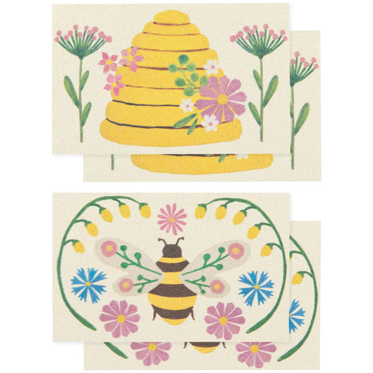 Two decorative cards featuring a beehive and bee design with flowers on a beige background.