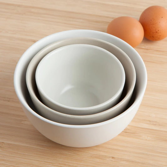Set of 3 stoneware prep or mixing bowls. Comes with 7 ounce, 12 ounce, and 18 ounce bowls that nest together for easy storage. Dishwasher and microwave safe.