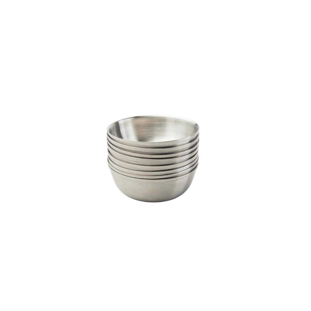 Outfit your next charcuterie or appetizer board with this collection of simple yet sophisticated Serving Bowls, set of 8. Organize nuts, small crackers, delicate cheeses, sauce, dips and more with these bowls, arranged around one of our many serving boards or paddles. Stainless steel makes them a durable and reusable solution to apps and dips service. Create the ultimate appetizer spread that will wow your guests with ease.